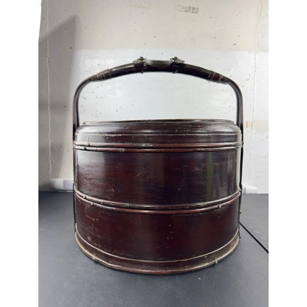 Vintage Chinese 2 Tiered Wedding Basket Handled‎ Woven Wicker & Bamboo